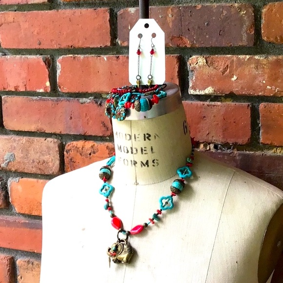 Handmade Red and Aqua Elephant Statement Necklace - Picture 13 of 15